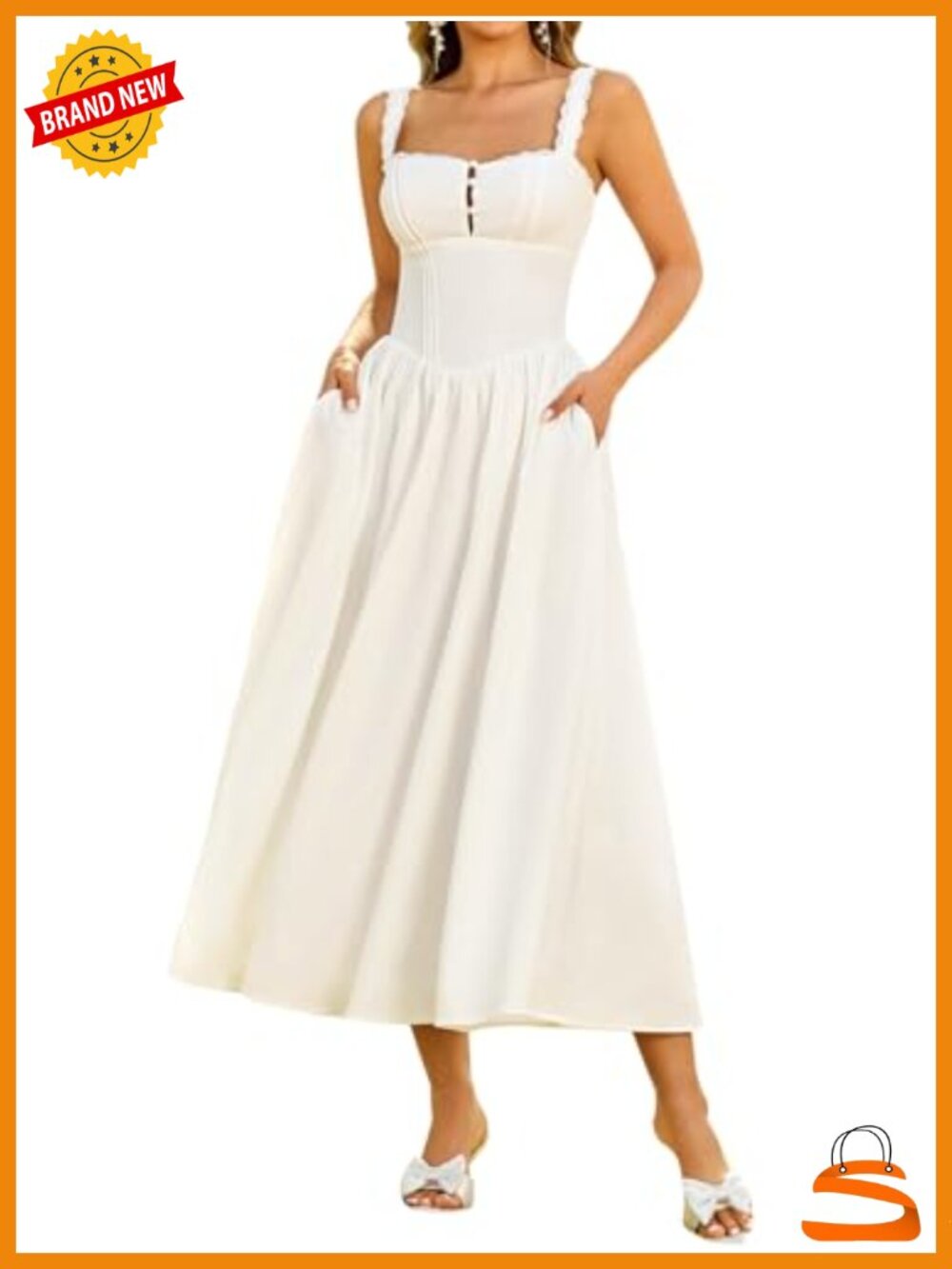 Women Corset Midi Dress Floral Lace Smocked Flowy A Line Wedding Guest Dress